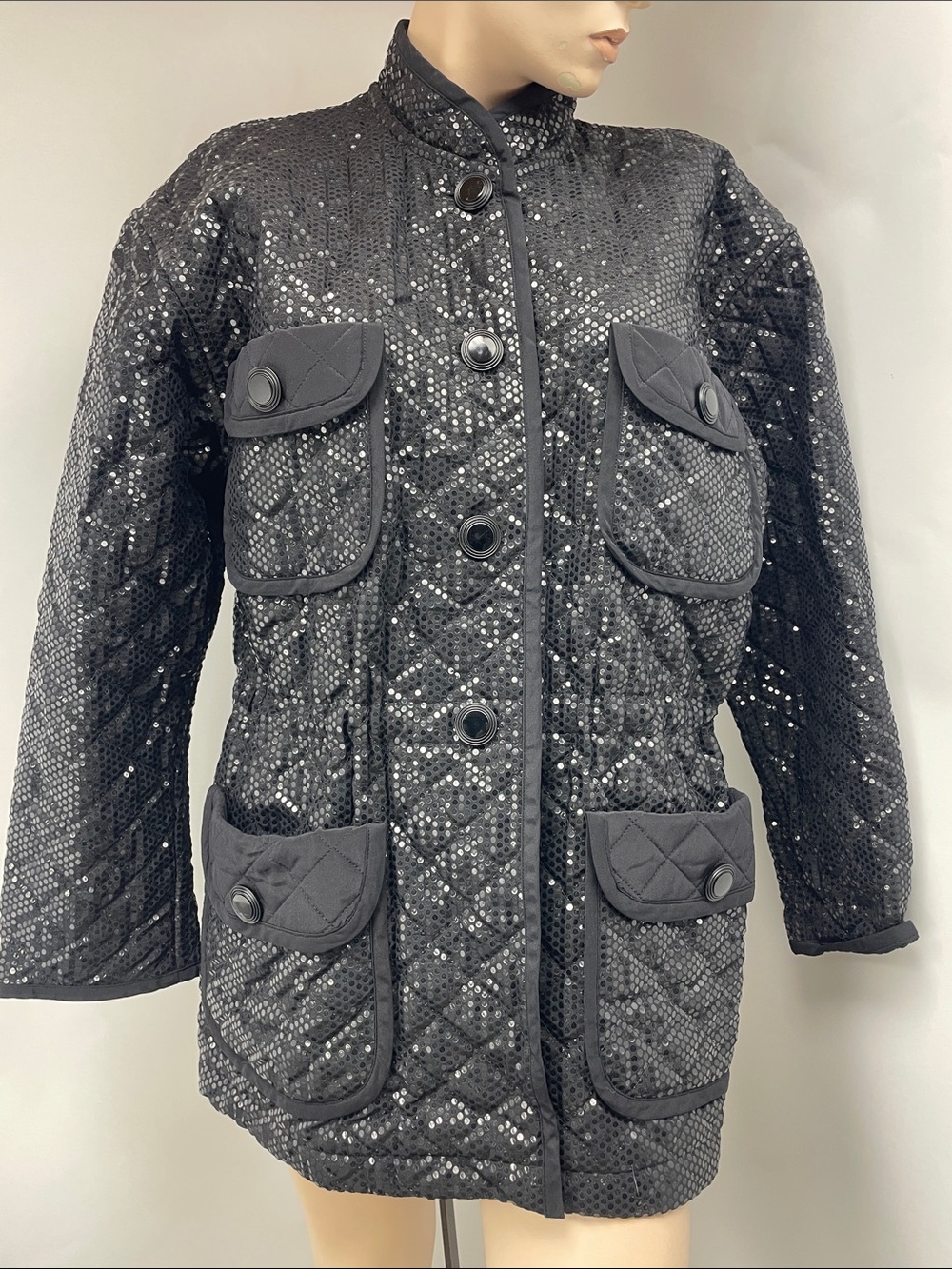 Escada Black Quilted Sequin Button-Front Coat, Size 38 (M)